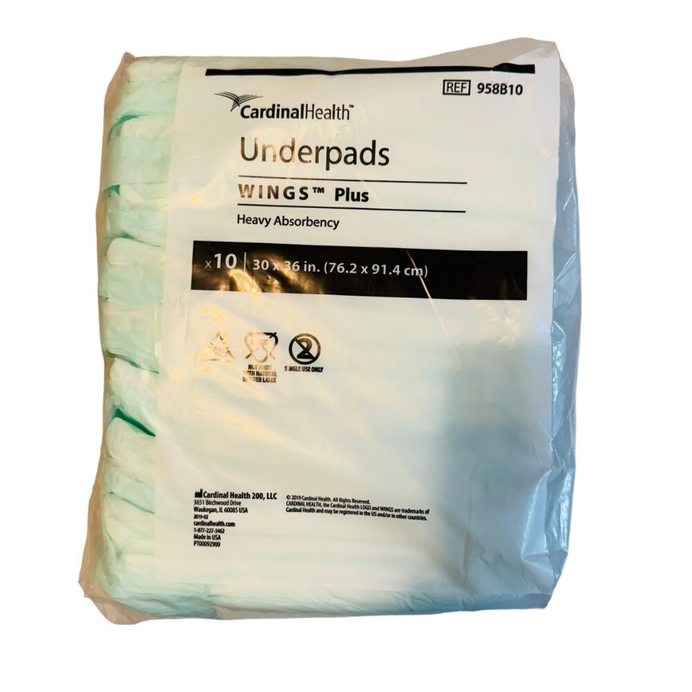 Cardinal Health Disposable Underpad Wings™ Plus 30 X 36 Inch, Heavy Absorbency